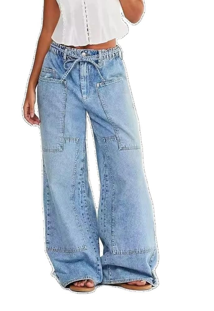 CHARTOU Women Patchwork Denim Wide Leg Pants Tie Front Drawstring Floor Length Straight Baggy Boy... | Amazon (US)
