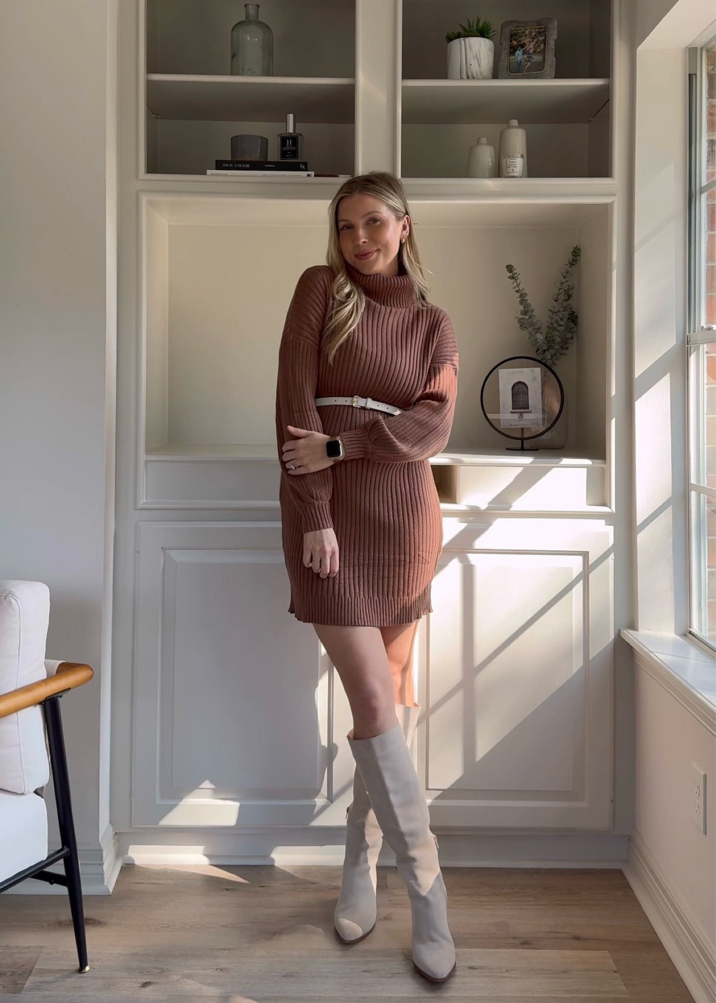 Fall outfit also perfect for Thanksgiving! Sizing: I’m wearing a S in the sweater dress- super bump friendly! Knee boots are tts. 

#LTKBump #LTKStyleTip #LTKSeasonal
