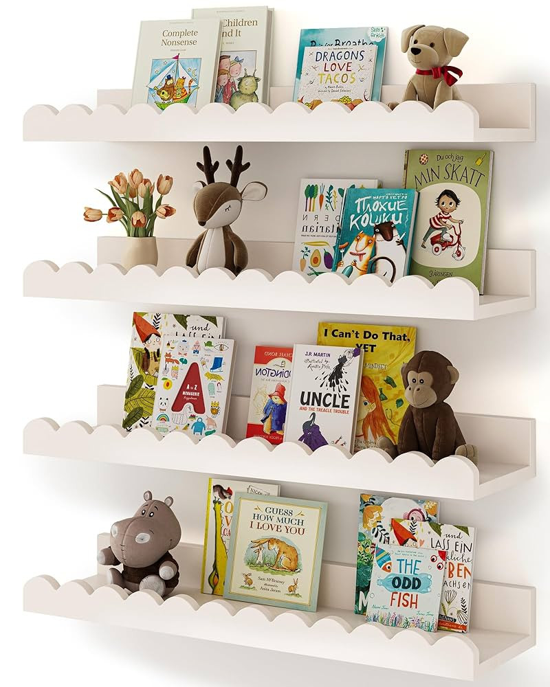 Nursery Book Shelves, 4-Pack White Floating Shelves for Wall Kids, Scalloped Shelves, Wall Book S... | Amazon (US)