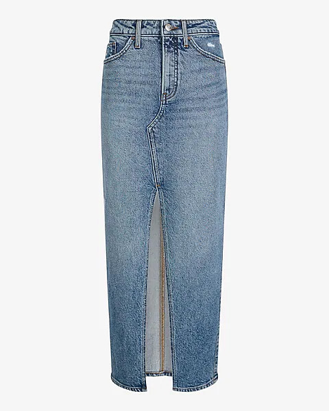 High Waisted Medium Wash Front Slit Maxi Denim Skirt | Express
