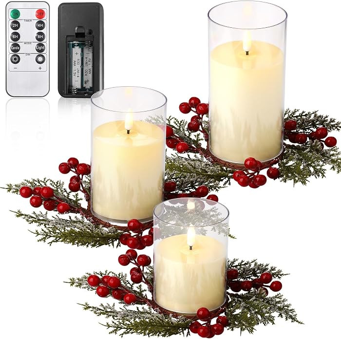 6 Pcs Christmas Flameless Candles with Rings Wreaths Small Artificial Red Berry Ring LED Battery ... | Amazon (US)