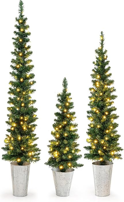 GOFLAME Set of 3 Pre-Lit Potted Christmas Trees, Artificial Pencil Christmas Tree Set 3Ft, 4Ft an... | Amazon (US)