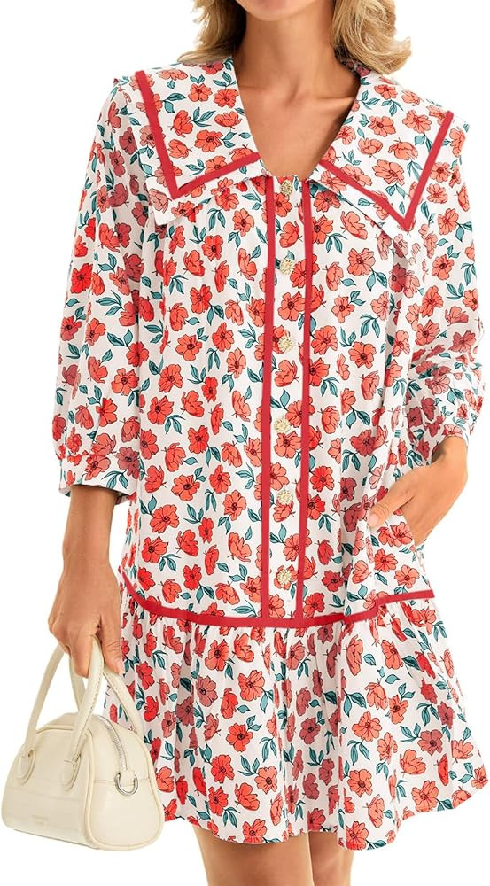 Wenrine Womens Casual Shirt Dresses 3/4 Long Sleeve Floral Button Down Flowy Babydoll Fall Mini D... | Amazon (US)