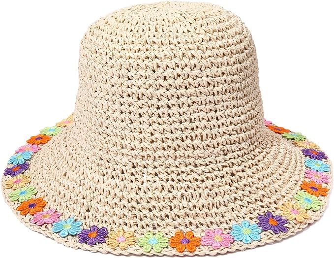 vokone Sun Hat Womens Embroidered Flower Trim Straw Bucket Sun Hat Packable Floppy Summer Beach H... | Amazon (US)