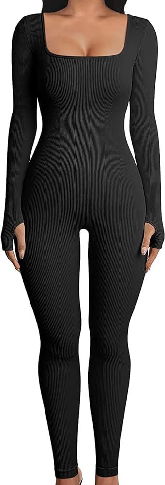 Passec Women Ribbed Yoga Jumpsuits Long Sleeve Square Neck Workout Rompers One Piece Bodycon Exer... | Amazon (US)