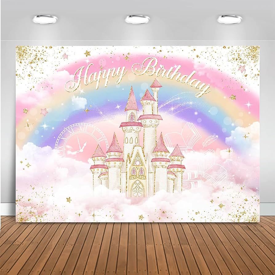Mocsicka Princess Castle Birthday Backdrop Watercolor Pastel Rainbow Birthday Photography Backdro... | Amazon (US)