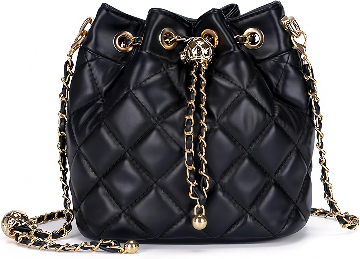 Women's Quilted Bucket Bag Leather Chain Shoulder Bag Crossbody Bags Purse for Women | Amazon (US)
