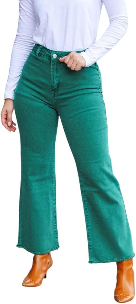 Zenana Colored Denim Wide Leg Cropped Frayed Hem Jeans | Amazon (US)