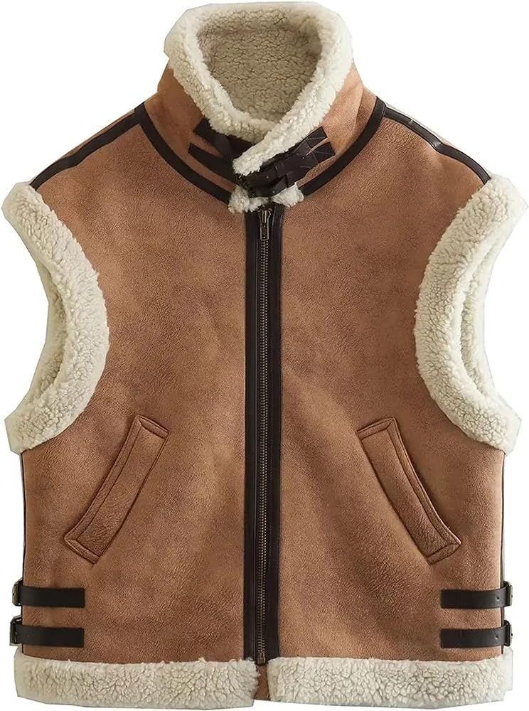 APAFES Womens Winter Fur Suede Vest Stand Collar Sleeveless Fleece Shearling Jacket Coat | Amazon (US)