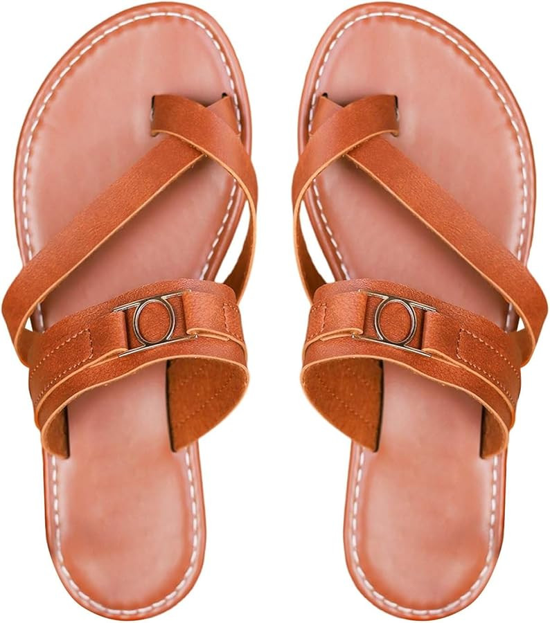 Women's Leather Cross Strap Flat Flip Flops Slide Sandals Comfortable Toe Ring Non-Slip Thong Bea... | Amazon (US)