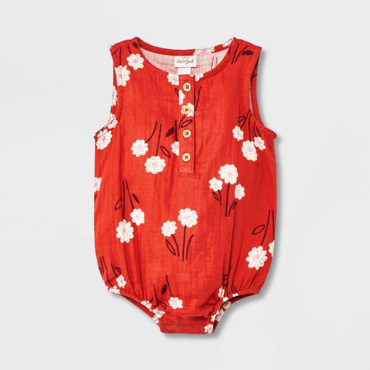 Baby Floral Gauze Tank Henley Romper - Cat & Jack™ Red | Target