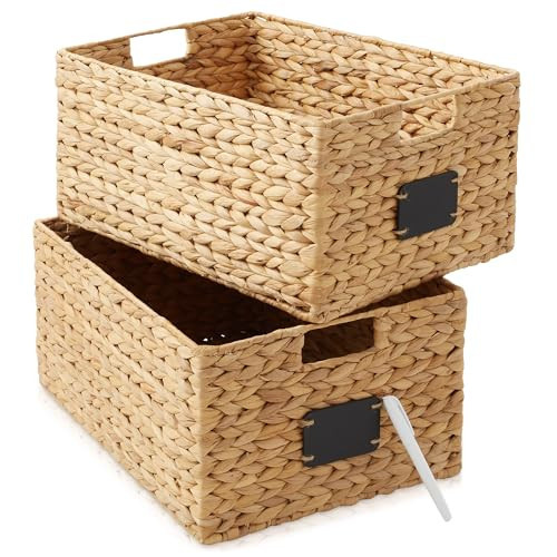 Casafield Set of 2 Water Hyacinth Pantry Baskets, 12-1/2" x 17" x 8", with Chalkboard Labels and Chalk Marker - Natural, Woven Storage Bin Organizers for Kitchen Shelves | Amazon (US)