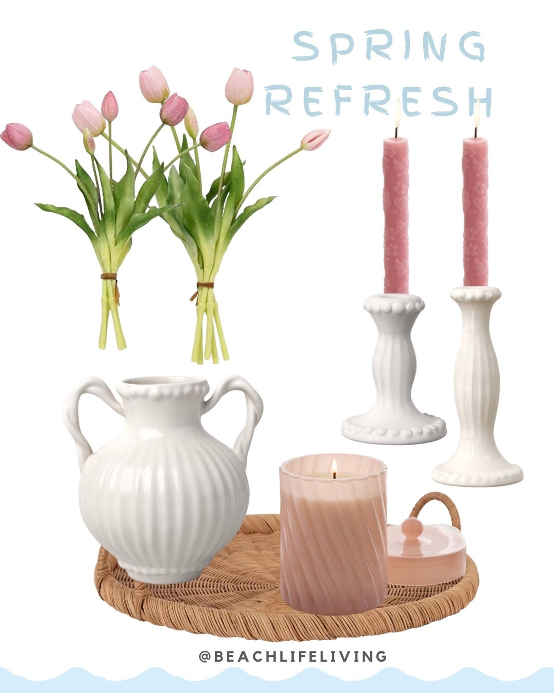 Spring refresh with beautiful real touch tulips, white ceramic vase, pink candles with white candle holders 

#LTKHome #LTKFindsUnder50 #LTKSeasonal