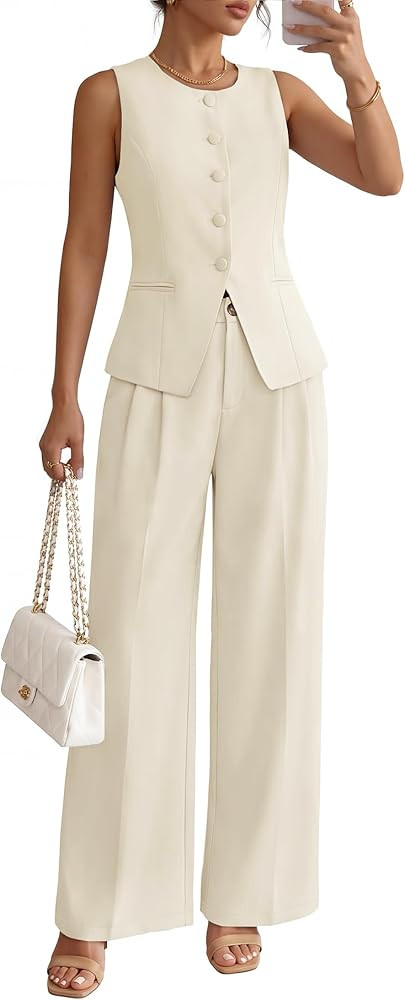 ZESICA Women's Summer 2 Piece Suit Sets 2026 Sleeveless Blazer Vest Wide Leg Pants Business Casua... | Amazon (US)