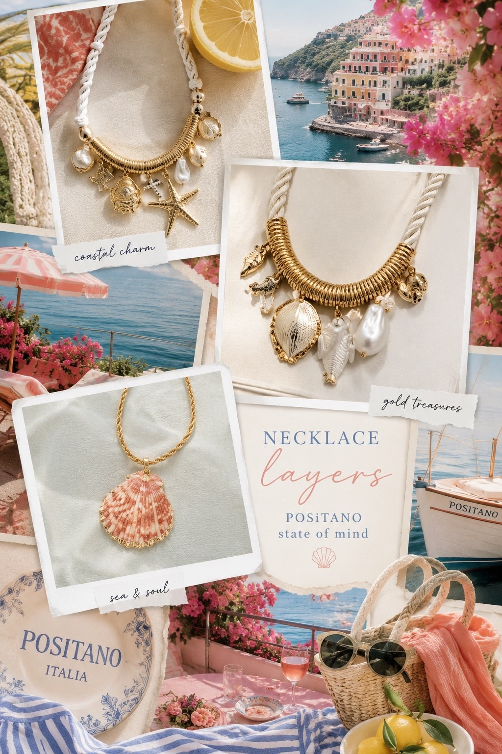 POSITANO STYLE 🍋 Positano style, coastal chic fashion, Italian summer aesthetic, Mediterranean fashion, beach jewelry, shell necklace, summer accessories, vacation style, resort wear, coastal grandmother, European summer, LTK fashion creator. 🍋✨