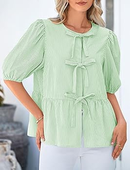 PRETTYGARDEN Women's Tie Front Striped Shirt 2025 Summer Trendy Fashion Cute Babydoll Tops Peplum... | Amazon (US)