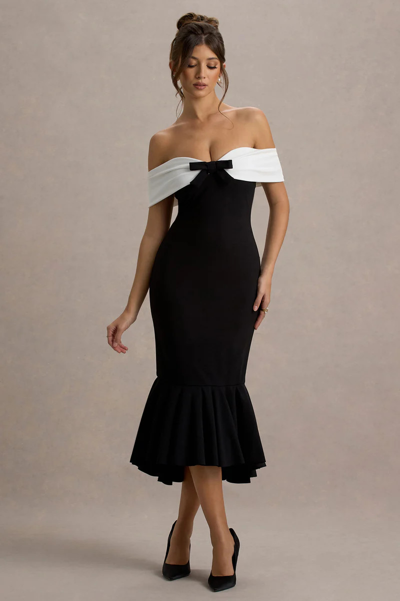 Corola  Black & White Bardot Volume-Hem Midi Dress | Club L London