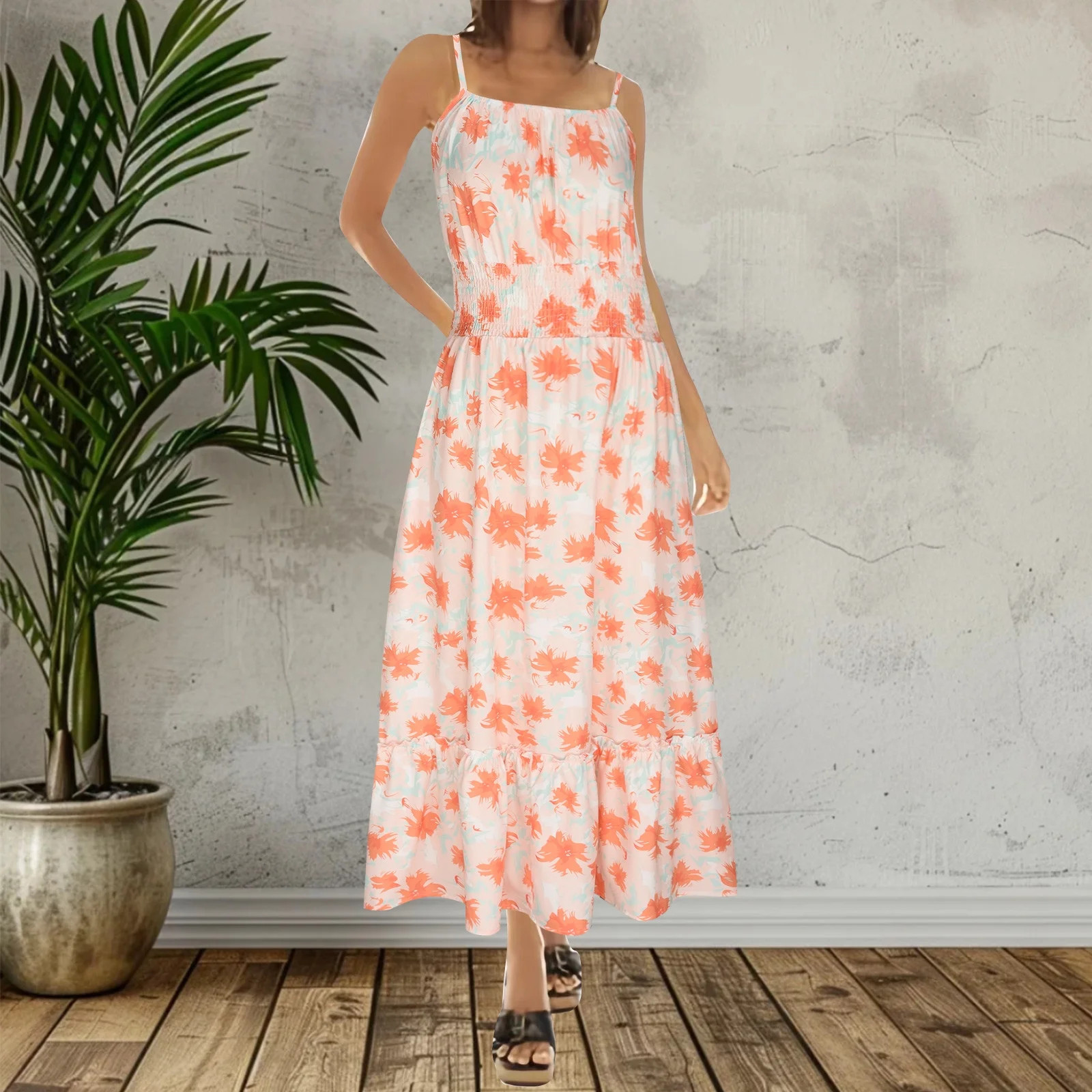 Drses Womens Summer Maxi Dress Sleeveless Floral Spaghetti Strap Smocked Boho Beach Long Dress | Walmart (US)