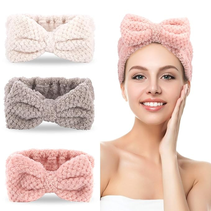 3 Pack Spa Headbands Microfiber Bowtie Headbands for Women for Washing Face, White, Gray, Pink | Amazon (US)