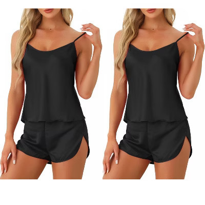 cheibear Women's Silky Camisole Top and Shorts Satin Pajamas Sets 2 Packs Black X-Large | Target