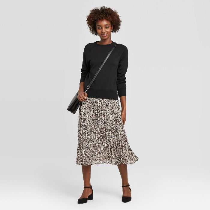 Women's Leopard Print High-Rise Pleated A Line Midi Skirt A New Day™ - Black/White | Target