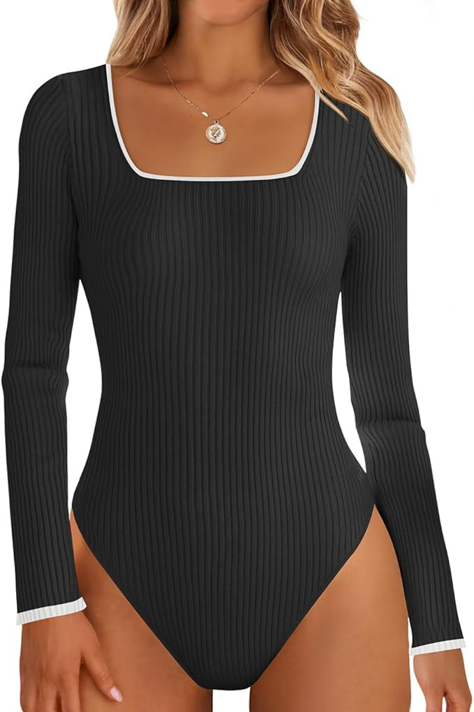 ZESICA Women's Long Sleeve Square Neck Bodysuits 2024 Fall Ribbed Color Block Slim Fitted Knit Ba... | Amazon (US)