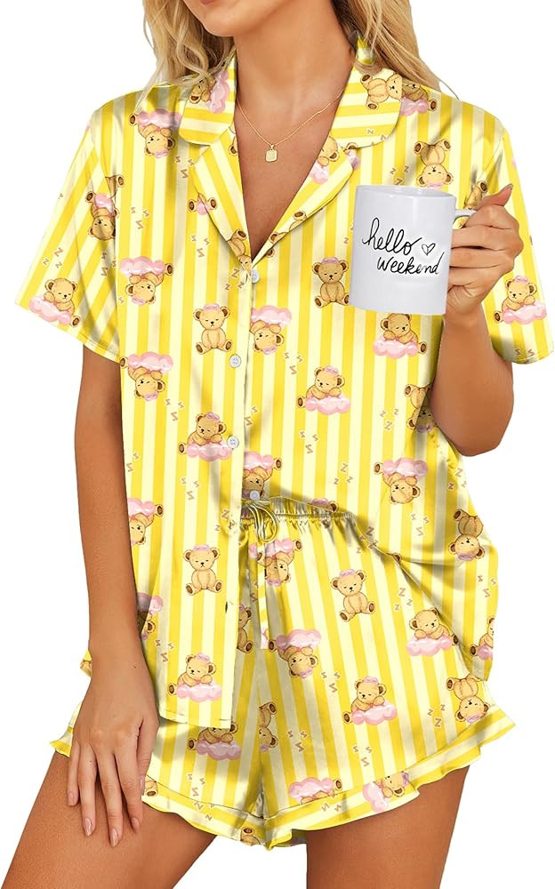 Ekouaer Womens Satin Pajamas Set Button Down 2 Piece Silk Pjs Shorts Set Ruffle Lingerie Notch Co... | Amazon (US)