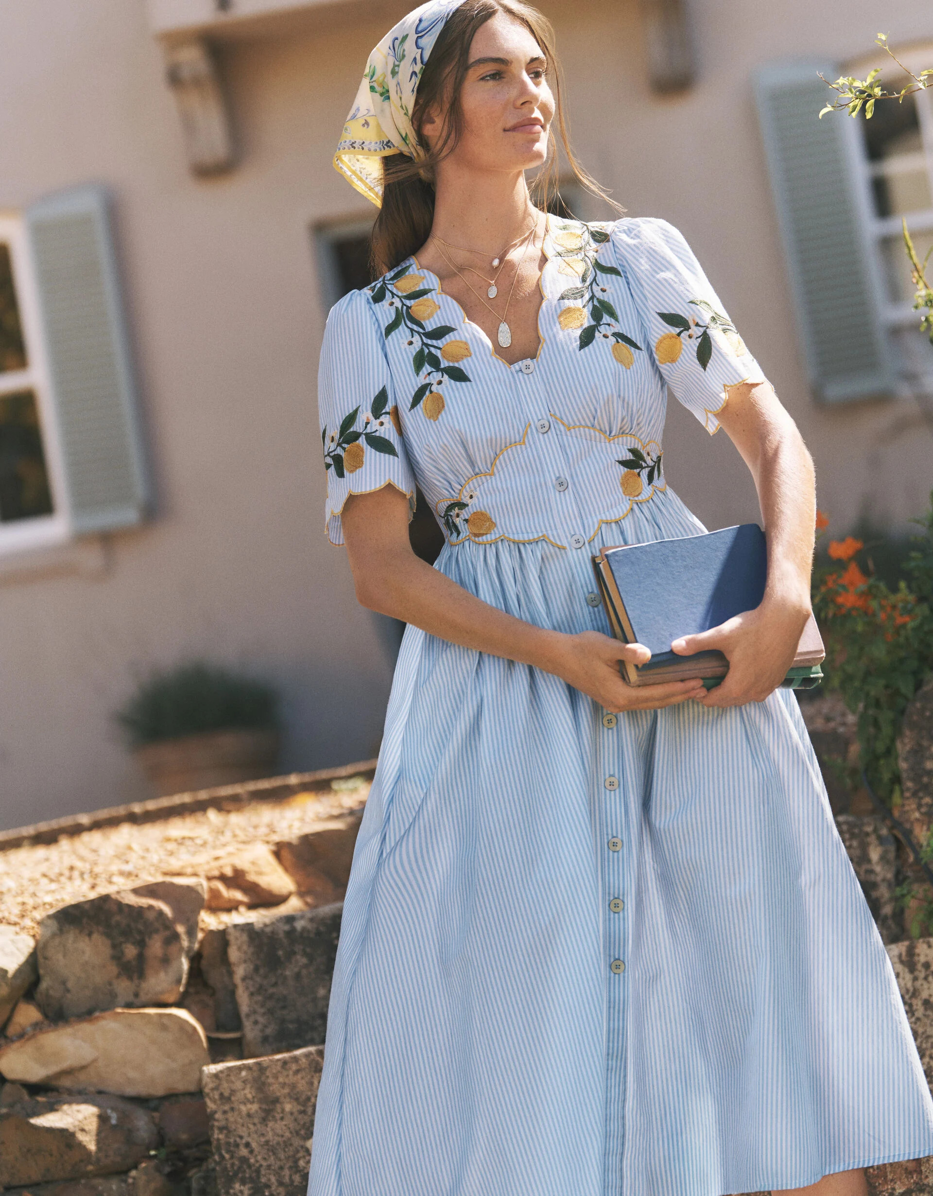 Marisol Lemon Embroidered Stripe Midi Dress Blue | Monsoon (UK)