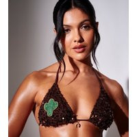 Women's Brown Sequinned Crochet Triangle Bikini Top South Beach New Look | New Look (UK)