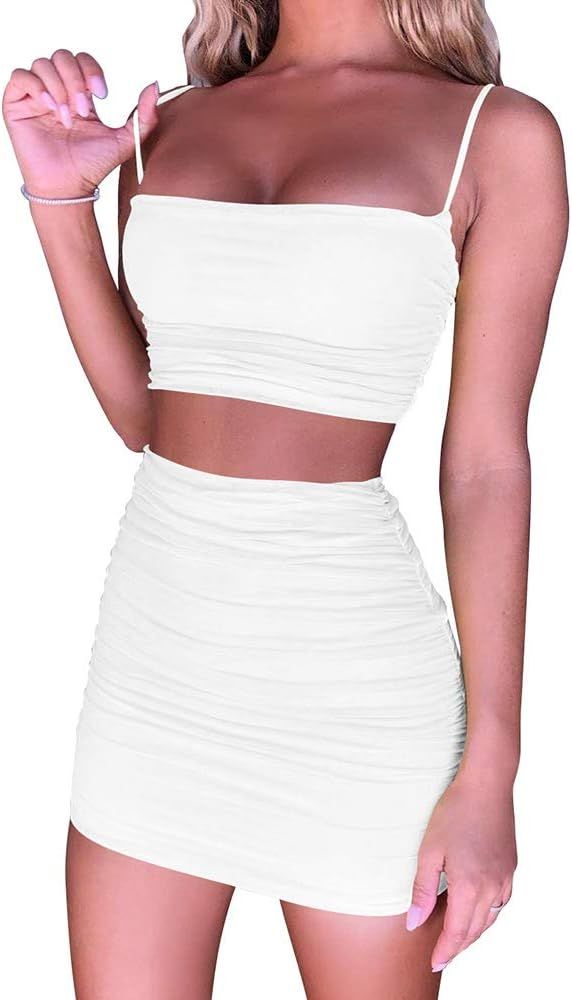 BEAGIMEG Women's Ruched Cami Crop Top Bodycon Skirt 2 Piece Outfits Dress | Amazon (US)