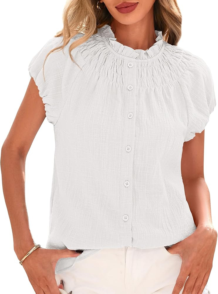 BTFBM Womens Casual Tops Dressy Summer Outfits 2025 Puff Short Sleeve Blouse Ruffle Neck Business... | Amazon (US)