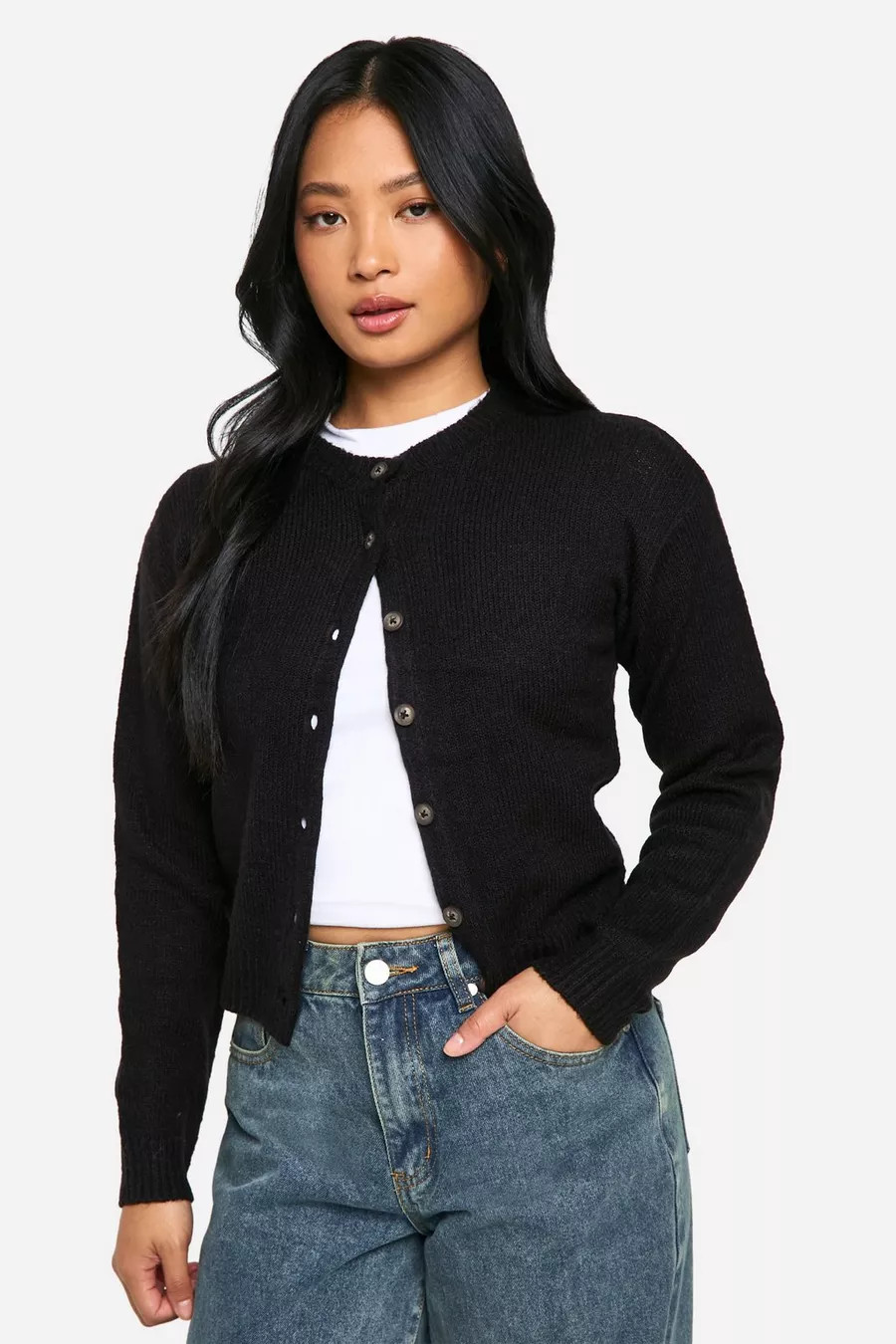 Petite Crew Neck Fine Gauge Micro Cardigan | Boohoo.com (UK & IE)