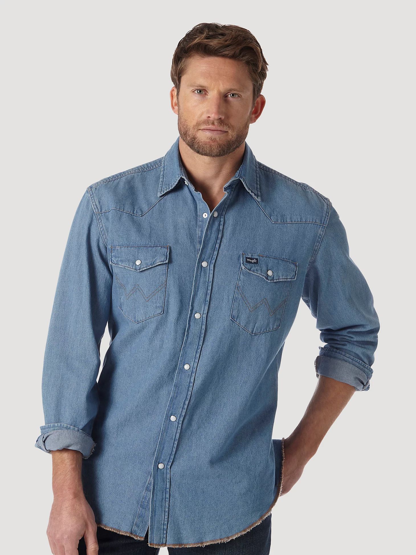 Cowboy Cut® Long Sleeve Western Denim Snap Work Shirt in Stonewash | Wrangler