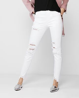 Express Womens Express Womens Petite Mid Rise White Distressed Stretch Jean Ankle Leggings | Express