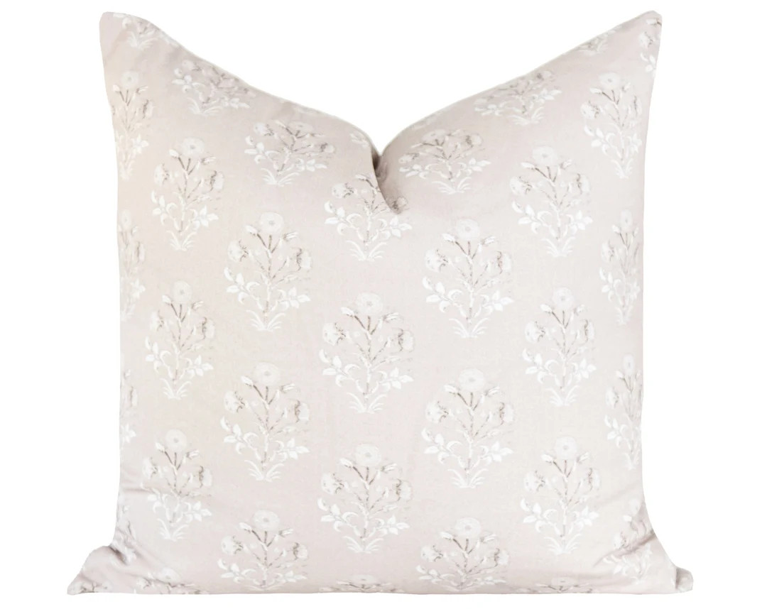 Beige Floral Pillow Cover, Floral Pillow Covers, Neutral Throw Pillow Cover 18x18, Block Print Fl... | Etsy (US)