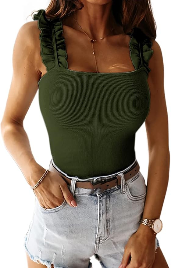 Imysty Women's Square Neck Ruffle Strap Stretchy Ribbed Basic Cami Bodysuit Jumpsuits | Amazon (US)