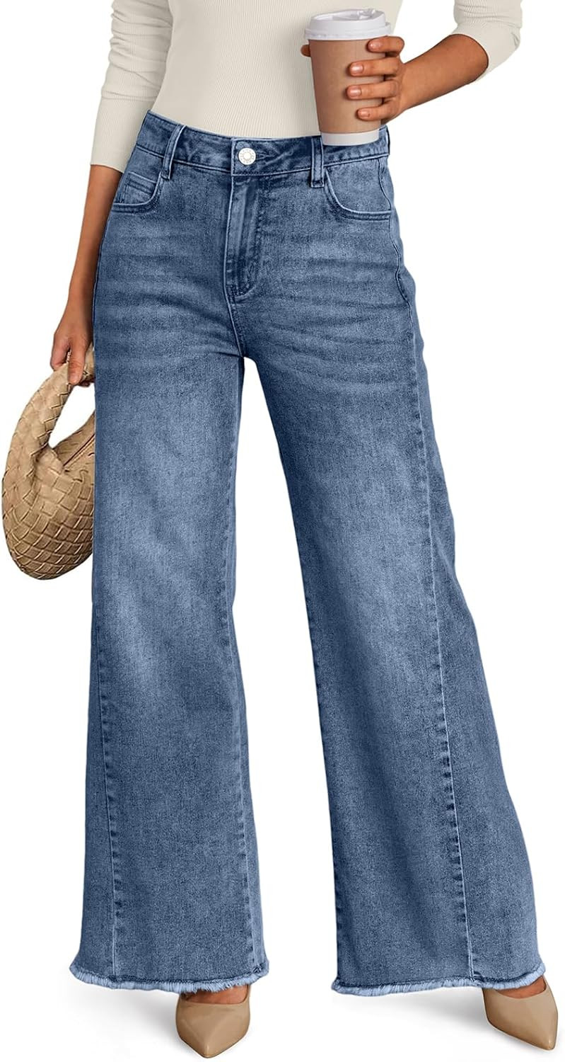 Trendy Queen Women's Wide Leg Jeans, Relaxed Loose with Raw Hem Pants | Amazon (US)