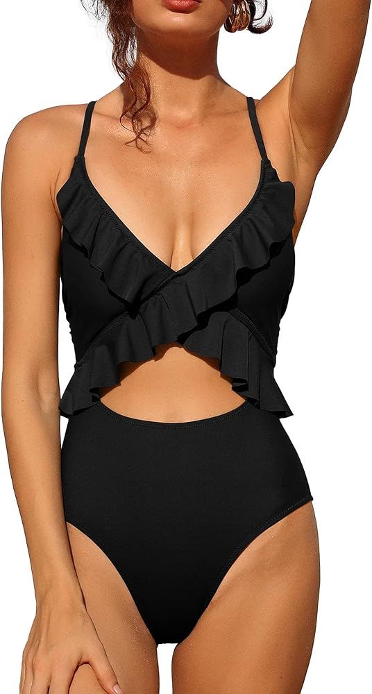 Charmo Ruffle One Piece Swimsuits for Women Cutout Bathing Suit High Cut Lace Up Padded Monokini | Amazon (US)