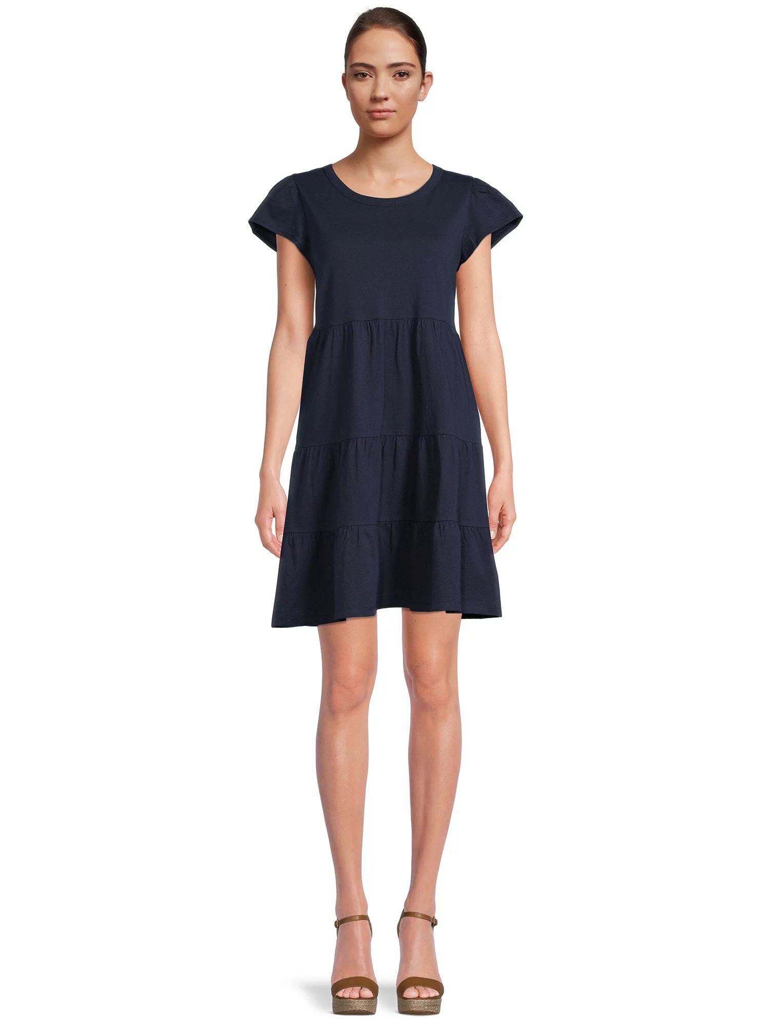 Time and Tru Women's Short Sleeve Tiered Knit Dress | Walmart (US)