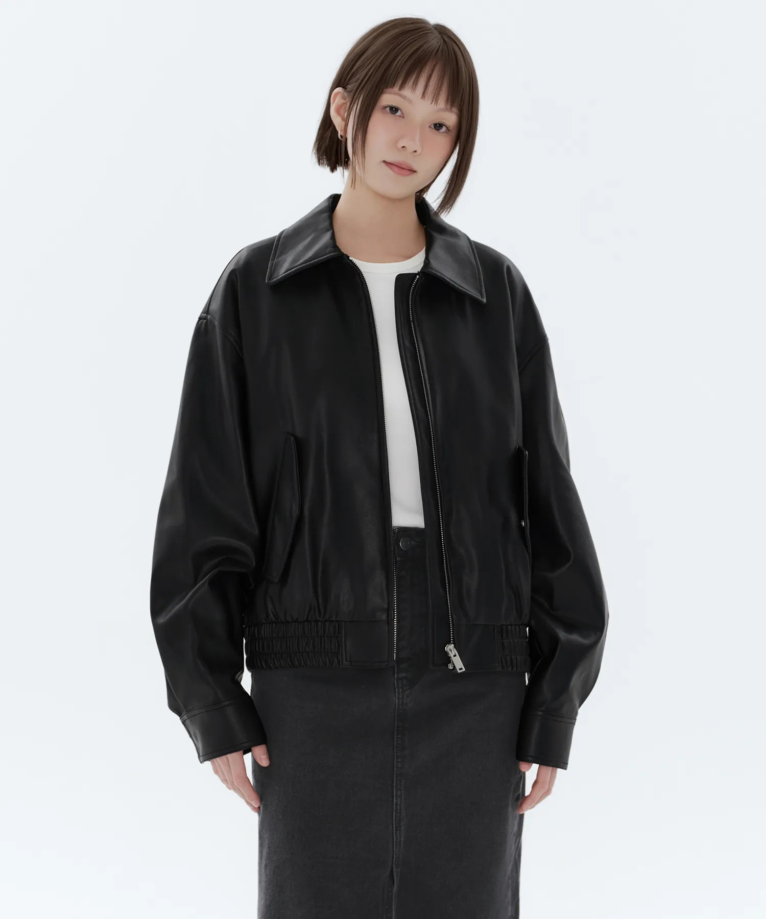 Women's Synthetic Leather Blouson Jacket [Black] | Musinsa Global