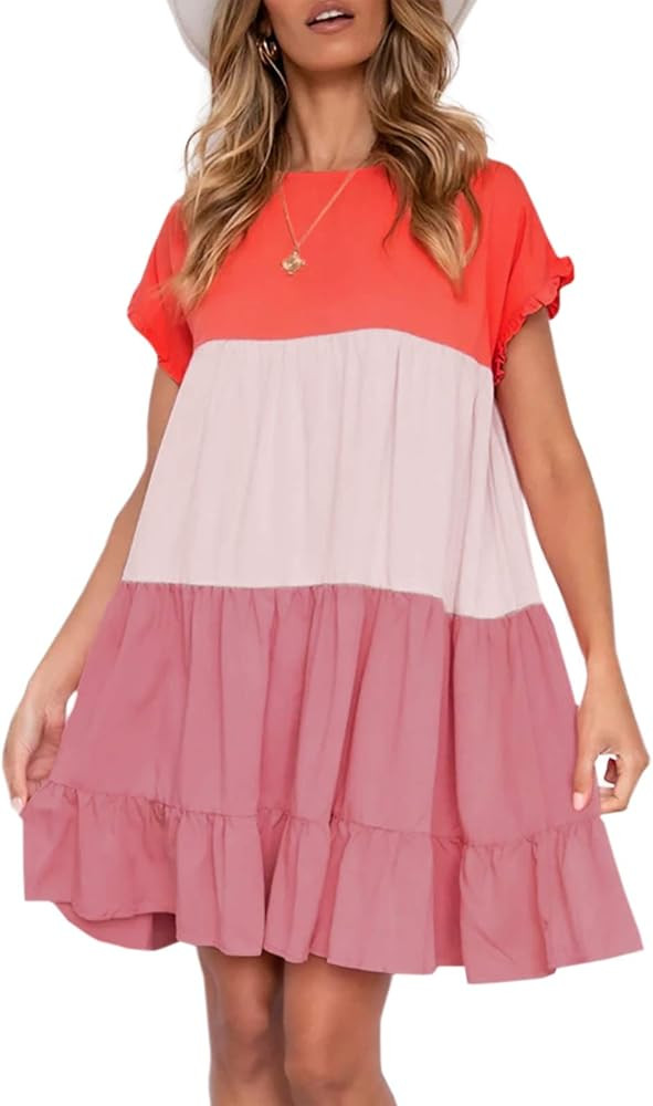 Womens Boho Floral Printed Babydoll Ruffles Casual Loose Short Mini T-Shirt Dress | Amazon (US)