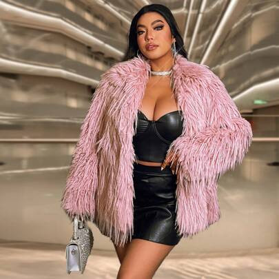 Women Plus Size Faux Fur Jacket, Warm Long Fur Coat | SHEIN