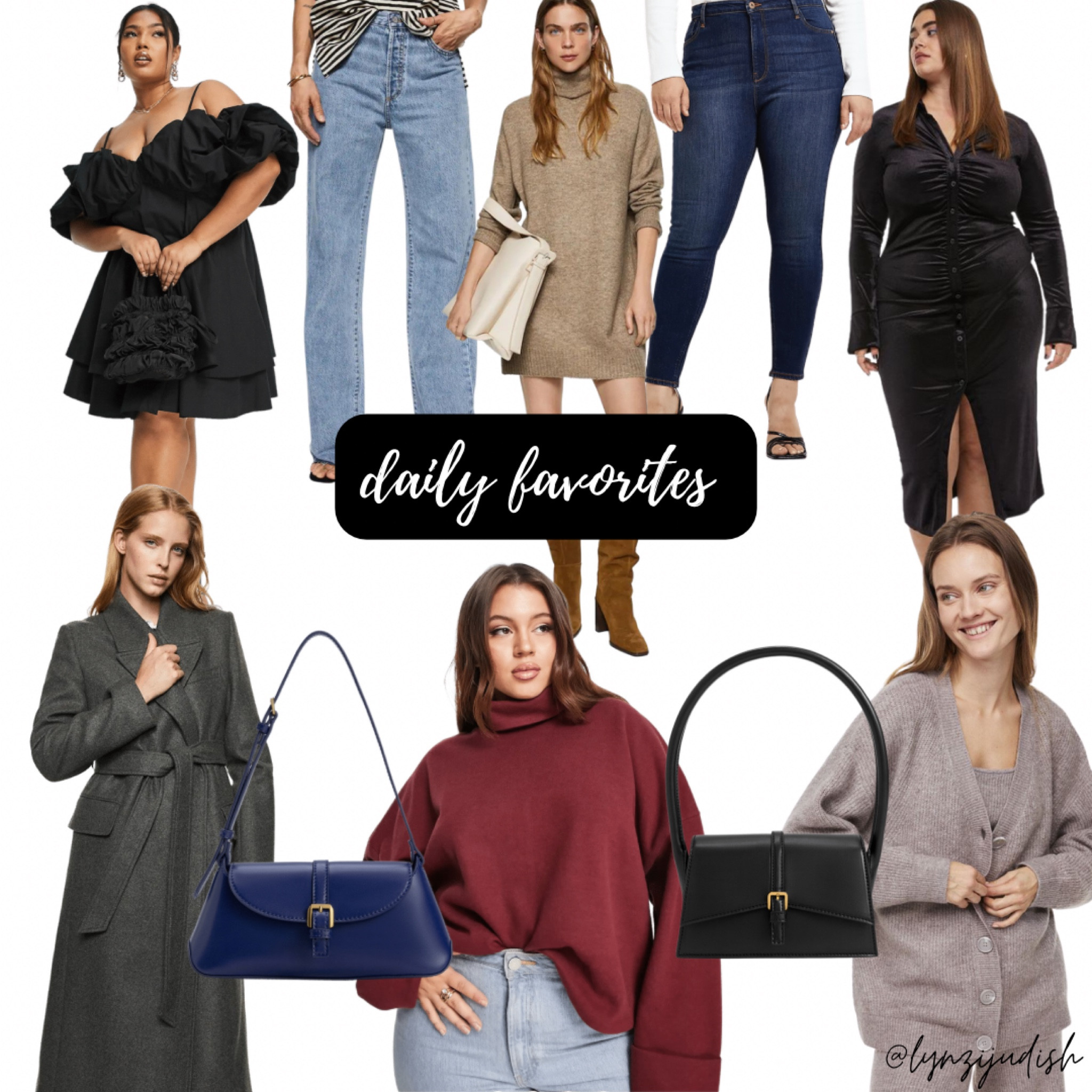 Daily Favorites 

Plus size fashion, plus size style, size 16 influencer, black dress, party dress, lbd, wide leg jeans, beige turtleneck sweater dress, skinny jeans, black velvet dress, beige cardigan, black purse, navy purse, maroon swagger, gray coat 

#LTKcurves #LTKunder100 #LTKunder50