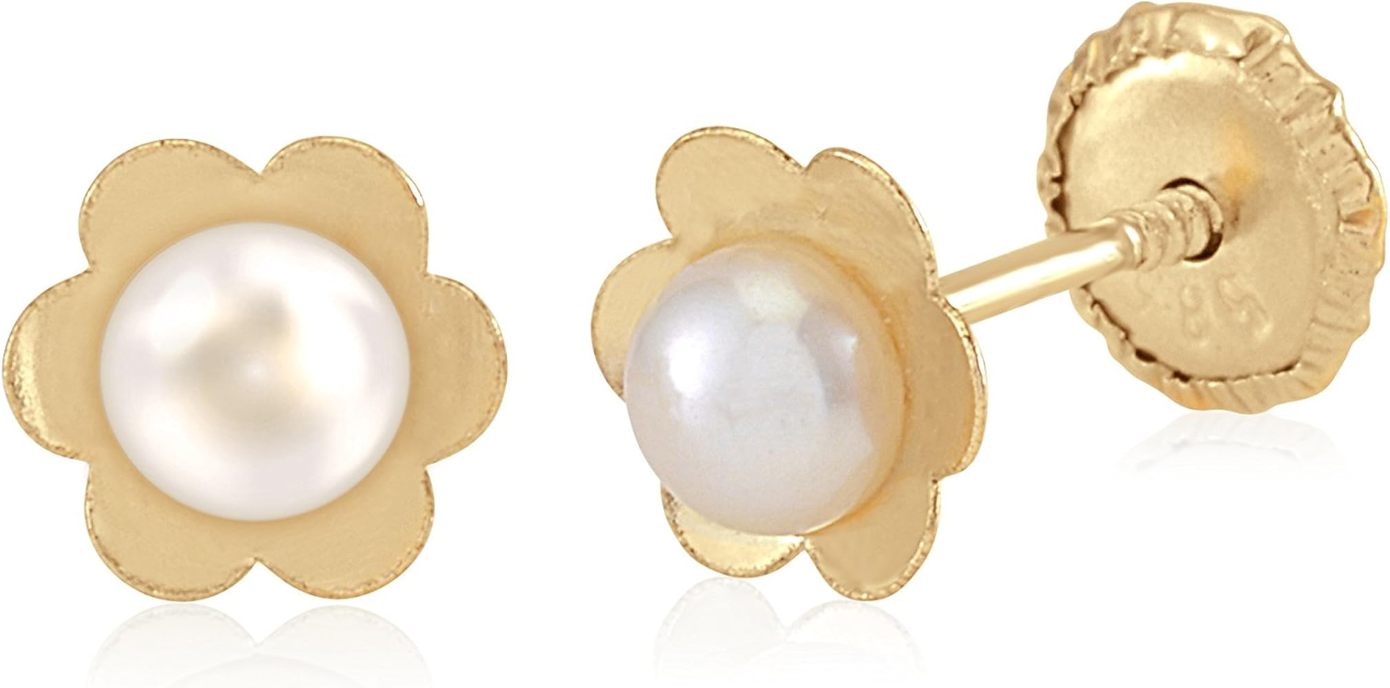 14k Gold Tiny Flower Earrings for Baby Girl Safety Screwback Covered Back Cultured Pearl | Amazon (US)