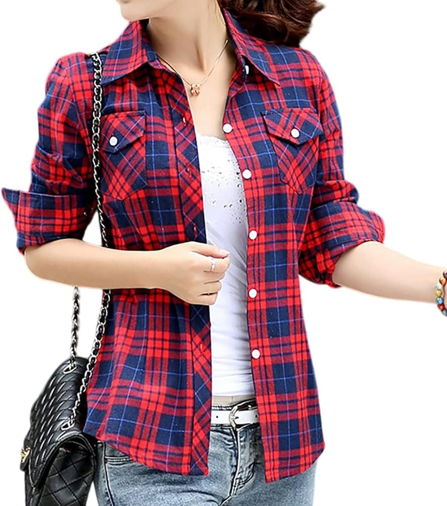 Women's Plaid Button Down Shirts Cotton Casual Long Sleeve Flannel Shirt Tops with Pocket | Amazon (US)
