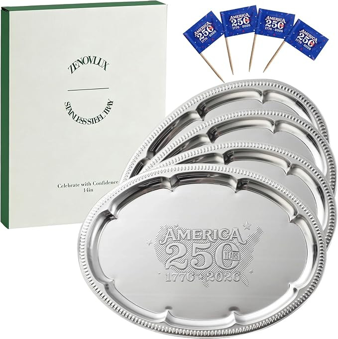 4 Pack 250th Anniversary USA Oval Silver Serving Trays with 4 US Toothpick Flags - 15.7" x 11.8" ... | Amazon (US)