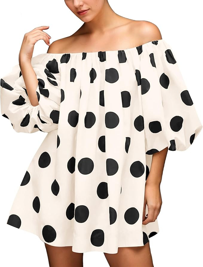 Meladyan Women's Off Shoulder Polka Dot Mini Dress Casual Puff Sleeve Loose Blouse Mini Dress Bea... | Amazon (US)