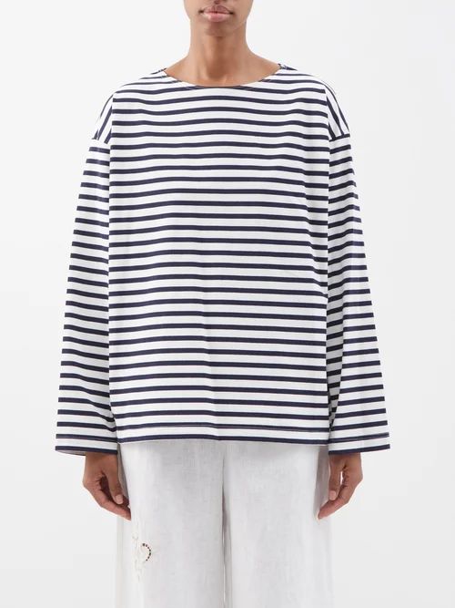 Matteau - Striped Cotton-jersey Top - Womens - Navy White | Matches (US)