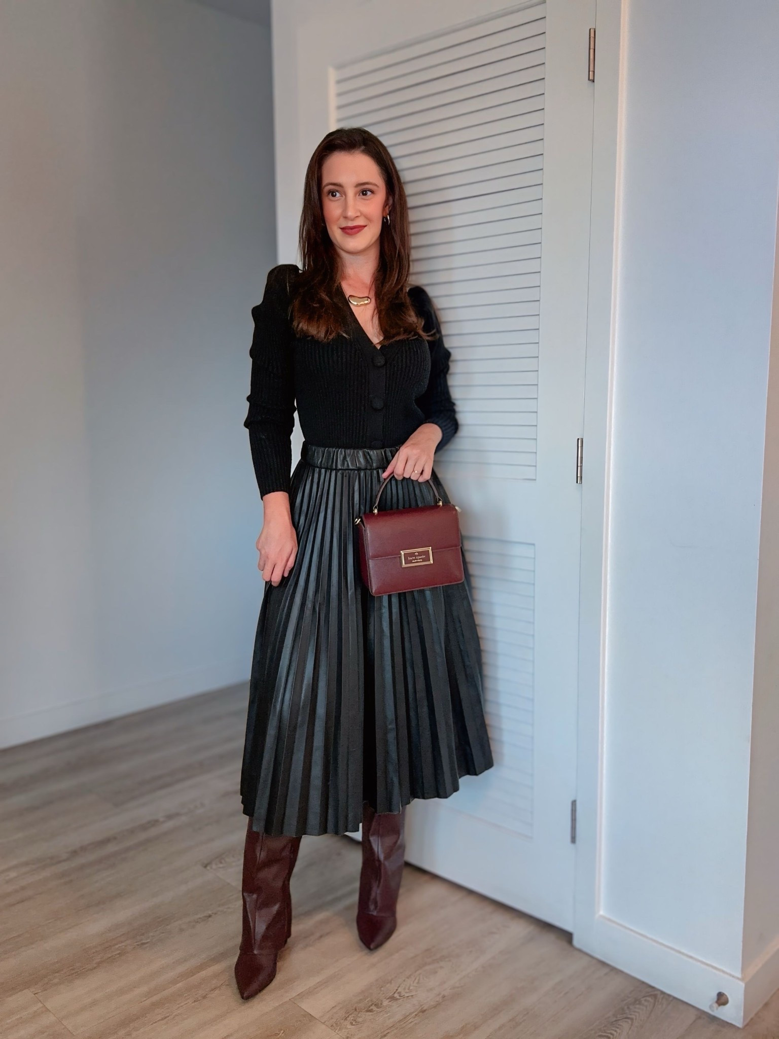 Night out fall Outfit 
Mid skirt 
Black sweater 
Burgundy boots and bag 

#LTKFindsUnder100 #LTKFindsUnder50 #LTKStyleTip