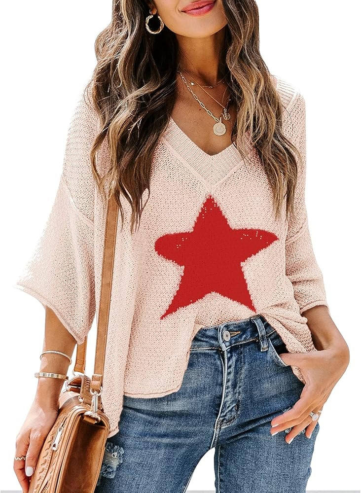 Ermonn Womens V Neck Crochet Sweaters Off The Shoulder 3/4 Sleeve Loose Knit Cute Heart Summer Pullo | Amazon (US)